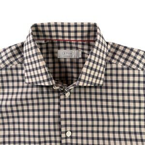 Eton Contemporary York Gingham Check Dress Shirt Mens Large 16 41 Tan Cotton